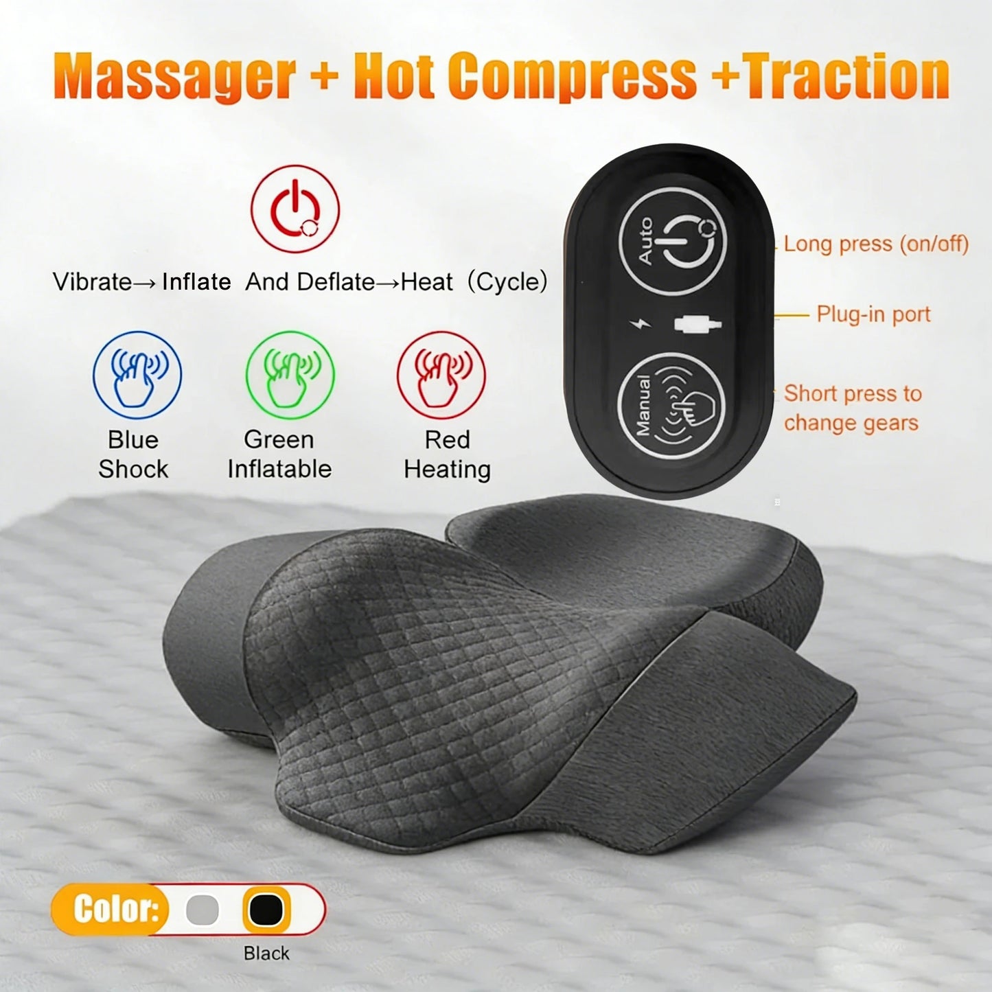 Oreiller Masseur Cervical Électrique — Chaleur, Vibration & Traction